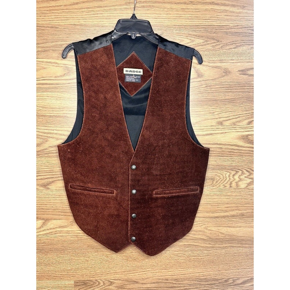 Badge Western Leather Cowboy Vest Mens L Brown